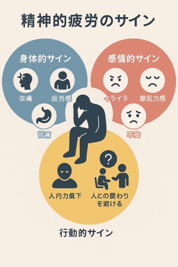 精神的疲労のサインを3つのカテゴリーに分けた図解